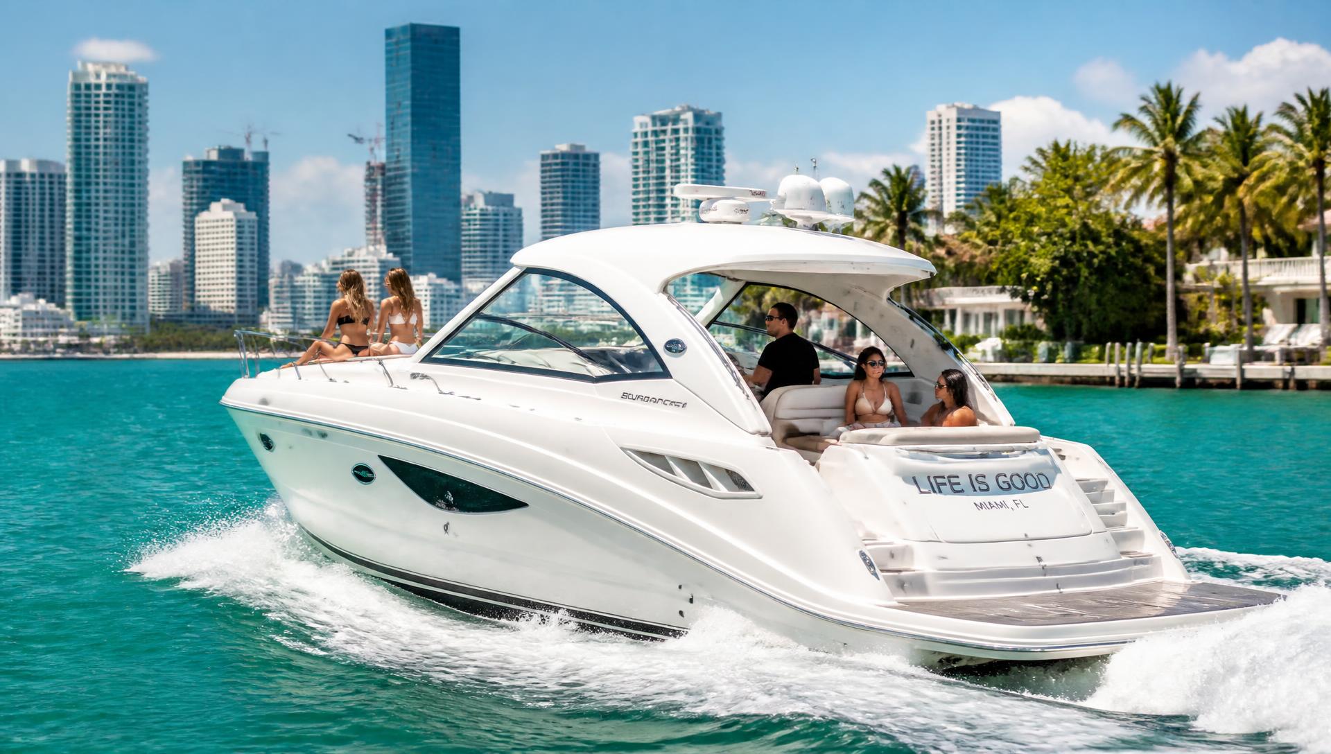 Modern sport yacht cruising past the Miami skyline on bright turquoise Biscayne Bay water